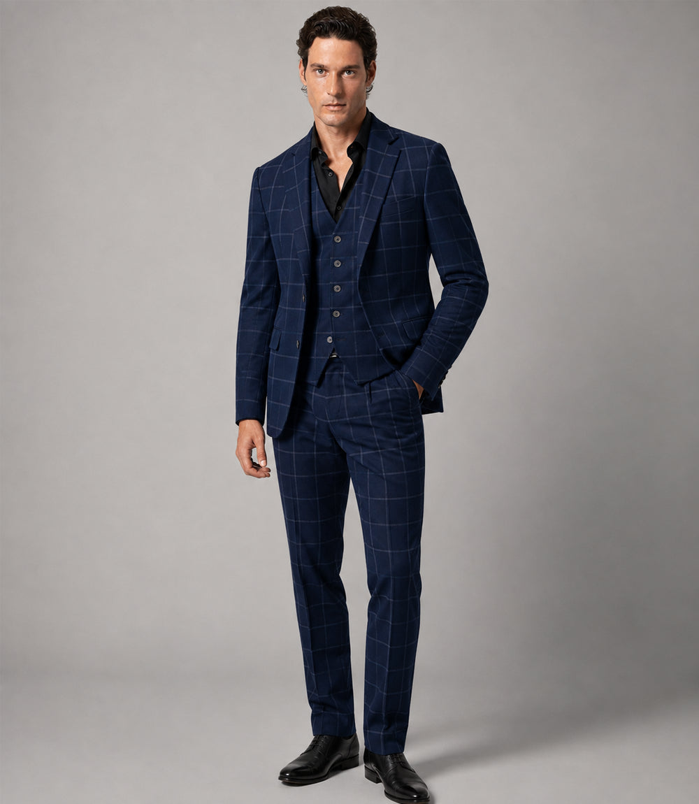 Men's Cotton Windowpane Navy 3 Piece Suit - Suit Heritage