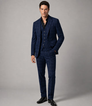 Men's Cotton Windowpane Navy 3 Piece Suit - Suit Heritage