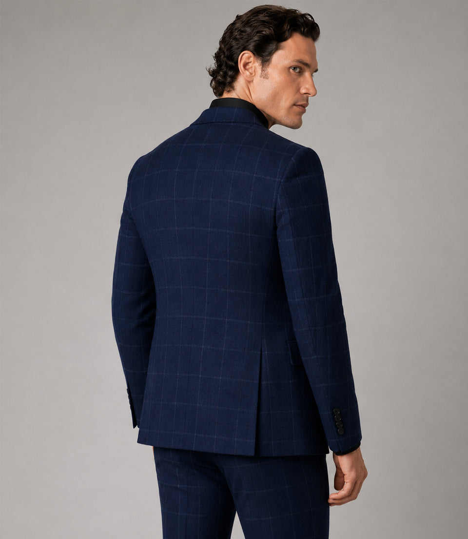 Men's Cotton Windowpane Navy 3 Piece Suit Back - Suit Heritage