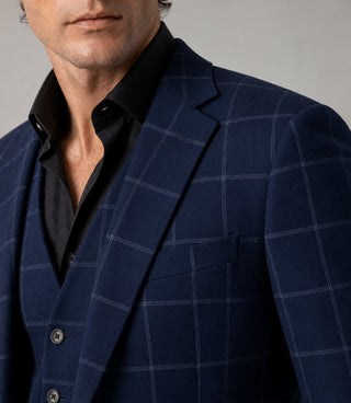 Men's Cotton Windowpane Navy 3 Piece Suit Closeup - Suit Heritage