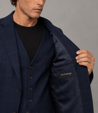 Men's Cotton Windowpane Navy 3 Piece Suit Inner - Suit Heritage