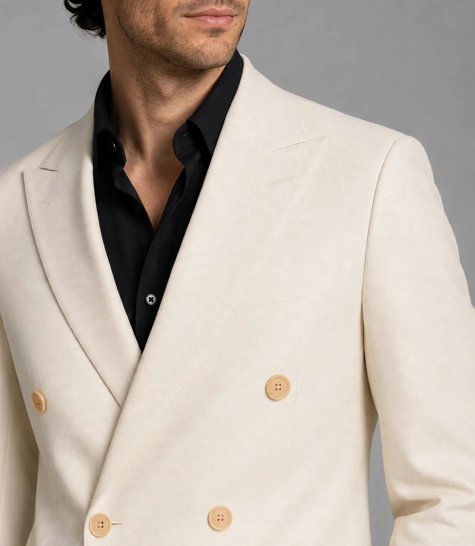 Men's Cream Double Breasted 2 Piece Suit Closeup  -  Suit Heritage