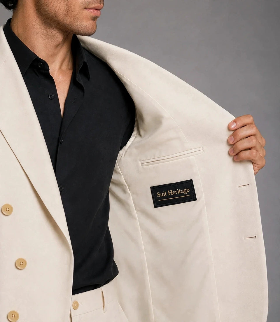Men's Cream Double Breasted 2 Piece Suit Inner  -  Suit Heritage