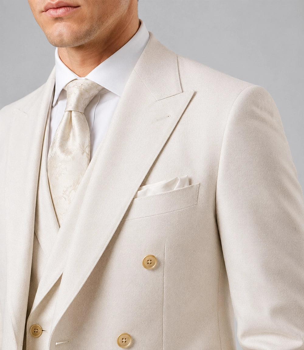 Men's Cream Double Breasted Wedding 3 Piece Suit Closeup -  Suit Heritage