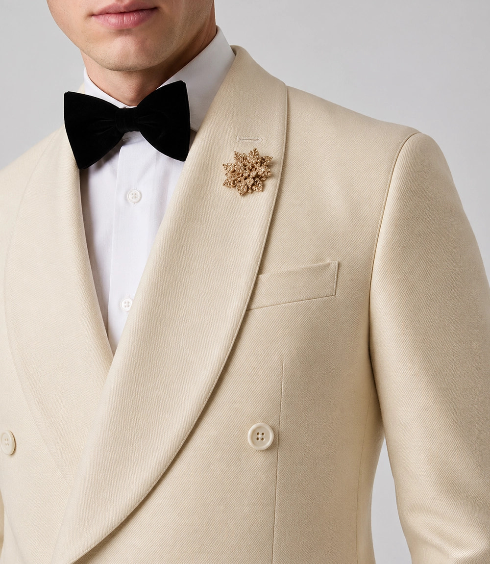 Men's Cream Groomsmen Wedding Suit Closeup  -  Suit Heritage