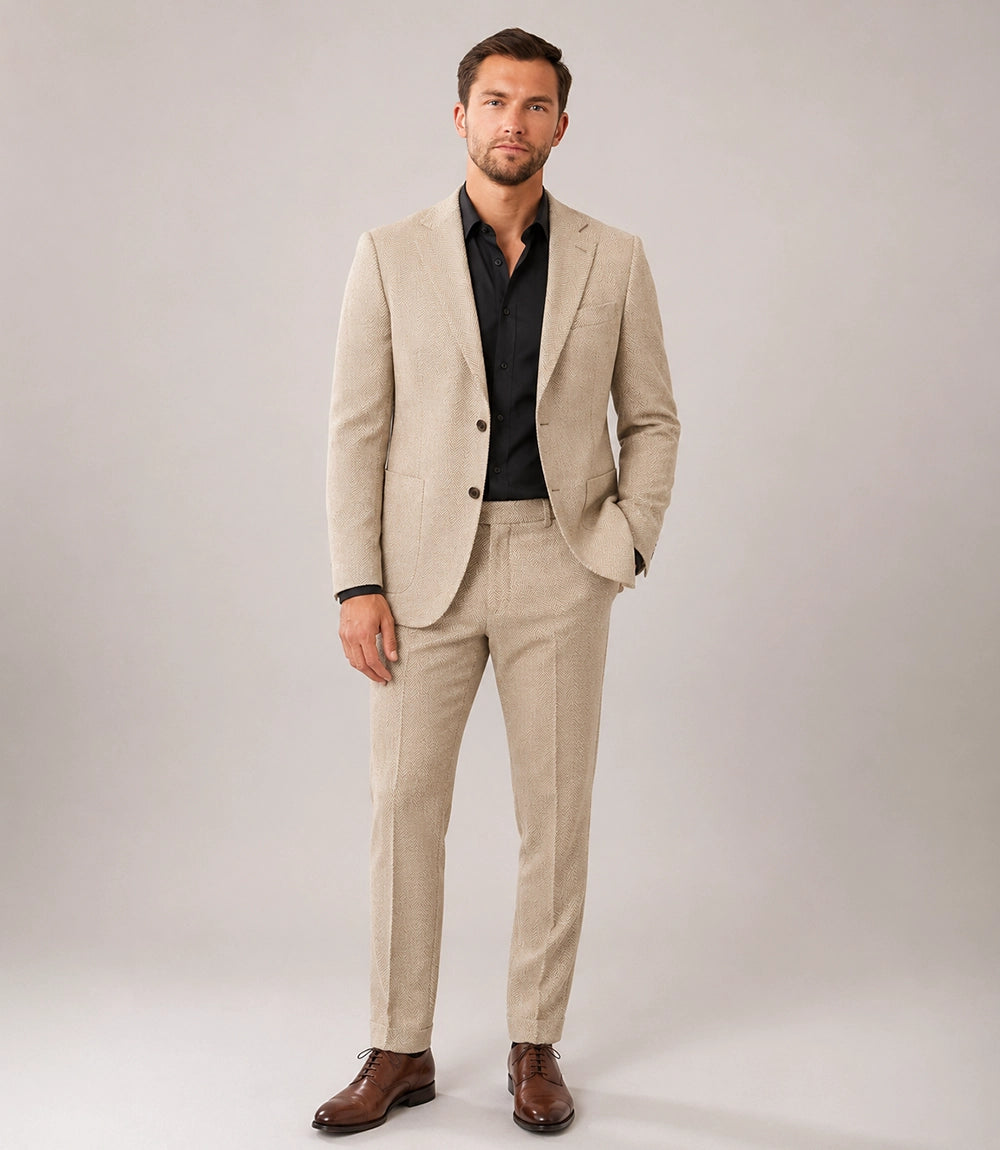 Men's Cream Herringbone Chevron Waves Suit - Suit Heritage