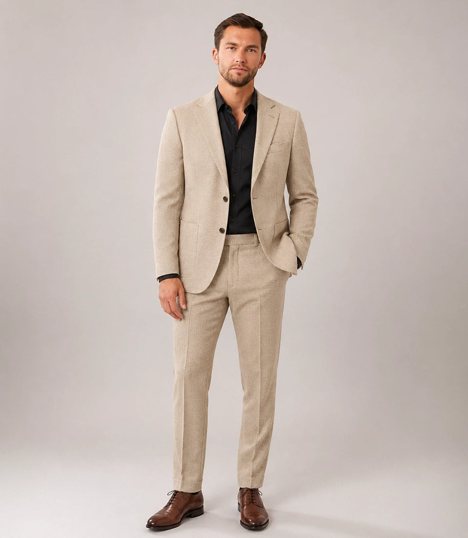 Men's Cream Herringbone Chevron Waves Suit - Suit Heritage