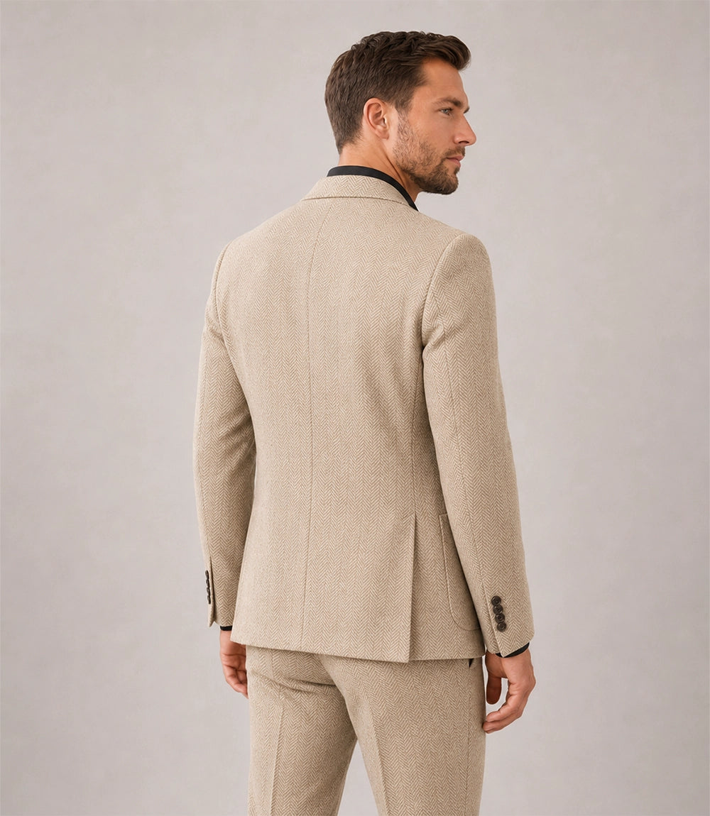 Men's Cream Herringbone Chevron Waves Suit Back - Suit Heritage