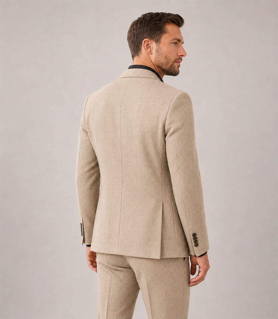 Men's Cream Herringbone Chevron Waves Suit Back - Suit Heritage