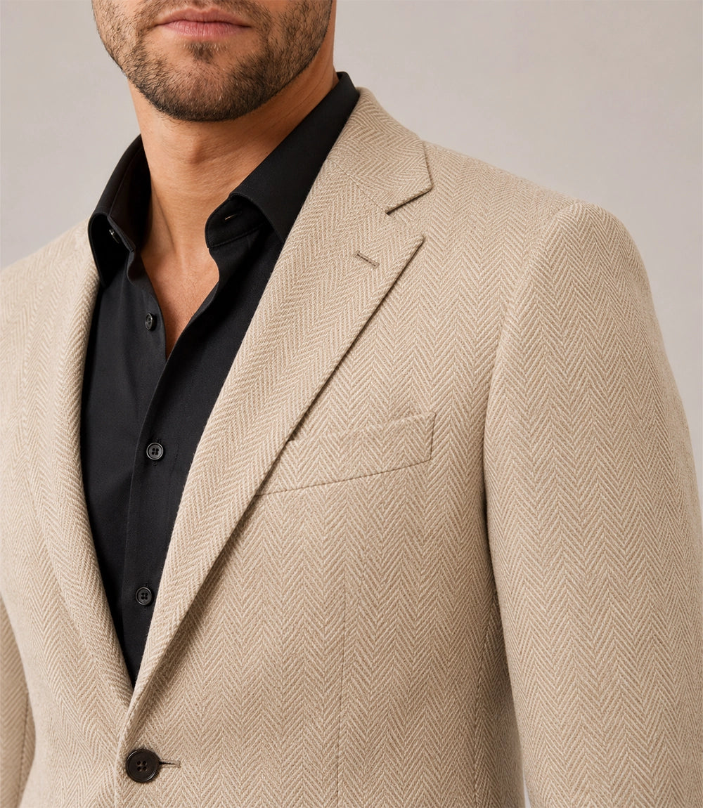 Men's Cream Herringbone Chevron Waves Suit Closeup - Suit Heritage
