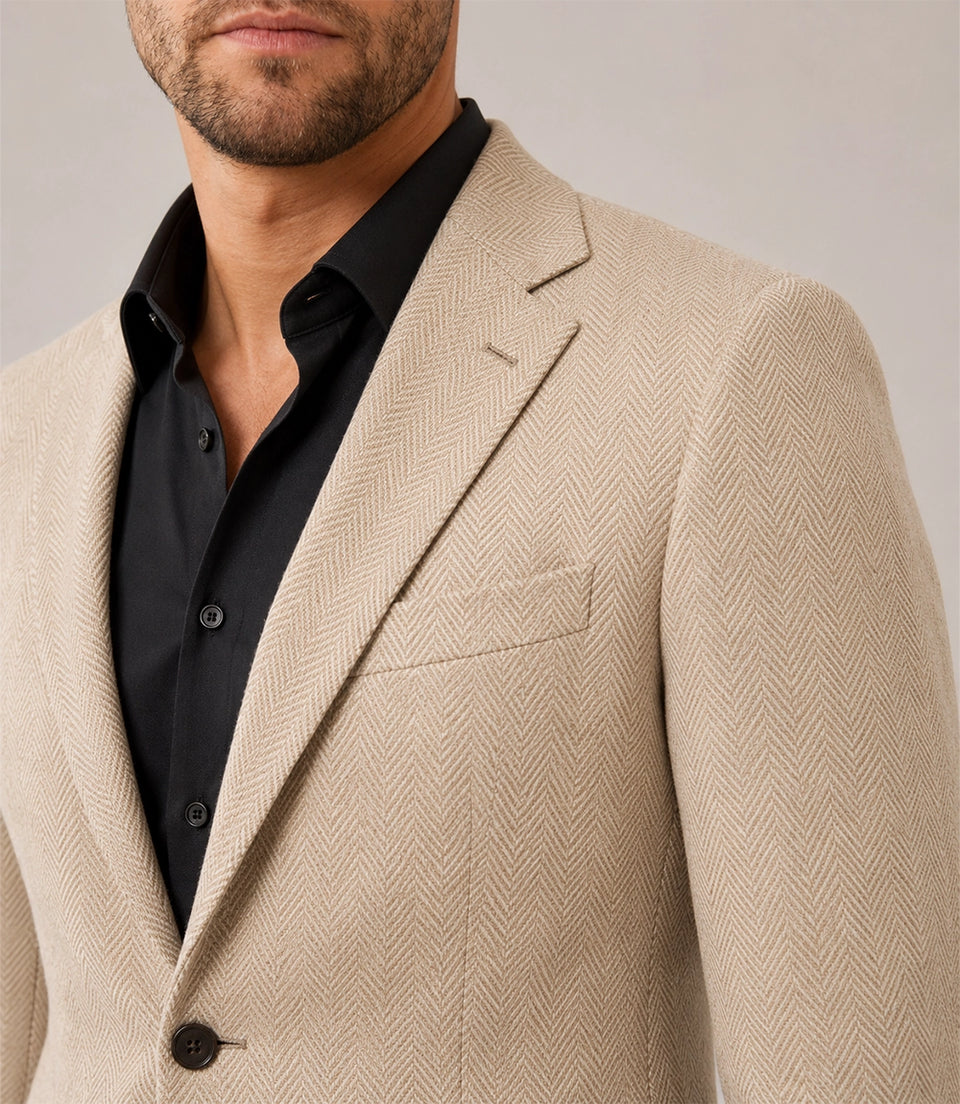 Men's Cream Herringbone Chevron Waves Suit Closeup - Suit Heritage