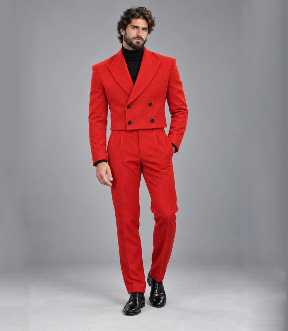 Men's Crimson Double Breasted Cropped Suit -  Suit Heritage