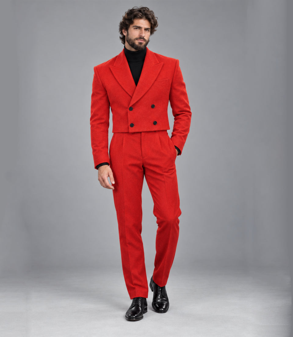 Men's Crimson Double Breasted Cropped Suit -  Suit Heritage