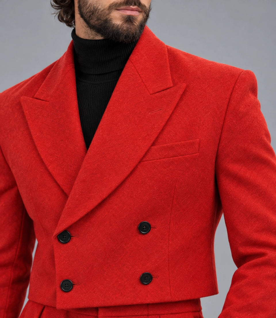 Men's Crimson Double Breasted Cropped Suit Closeup -  Suit Heritage