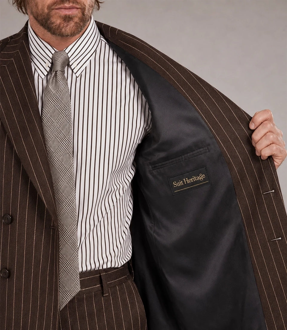 Men's Dark Brown Pinstripe Double Breasted Suit Inner - Suit Heritage