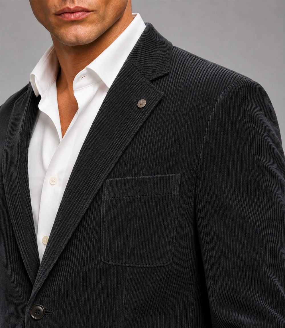 Men's Dark Grey Corduroy 2 Piece Suit Closeup - Suit Heritage