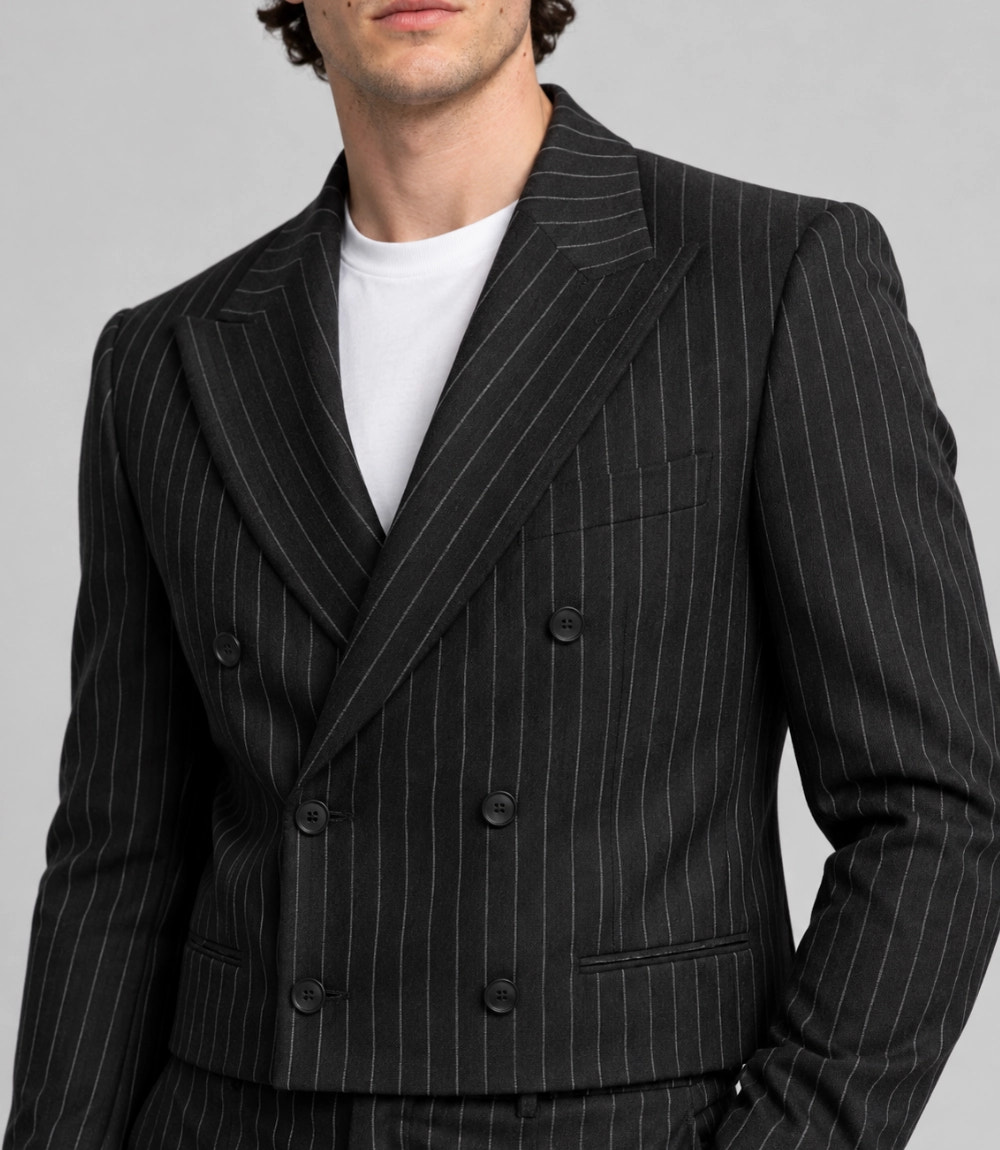 Men's Double Breasted Pinstripe Cropped Suit Closeup -  Suit Heritage