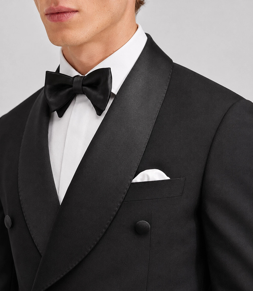 Men's  Double Breasted black Groomsmen Tuxedo Closeup -  Suit Heritage