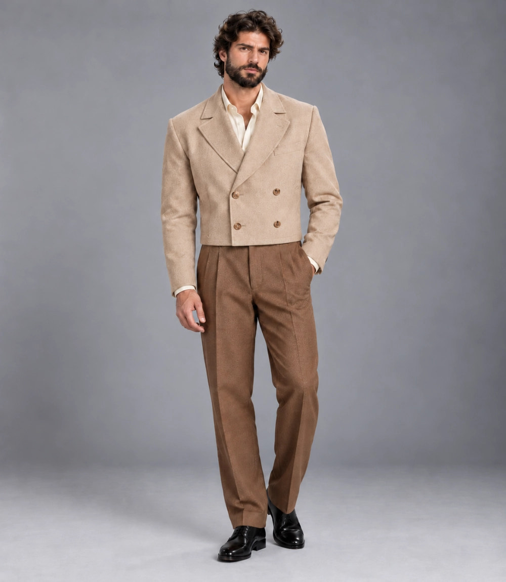 Men's Ecru Double Breasted Cropped Suit -  Suit Heritage