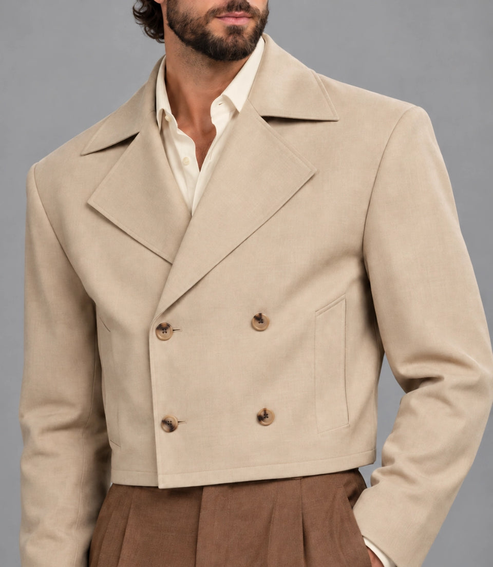 Men's Ecru Double Breasted Cropped Suit Closeup  -  Suit Heritage