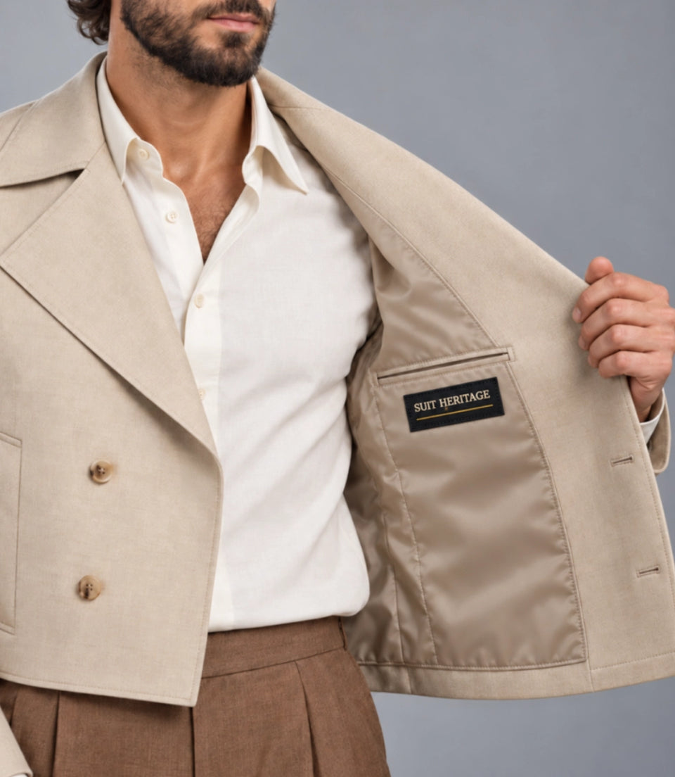 Men's Ecru Double Breasted Cropped Suit Inner -  Suit Heritage
