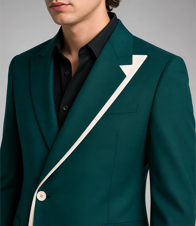 Men's Emerald Green Asymmetrical Suit Closeup