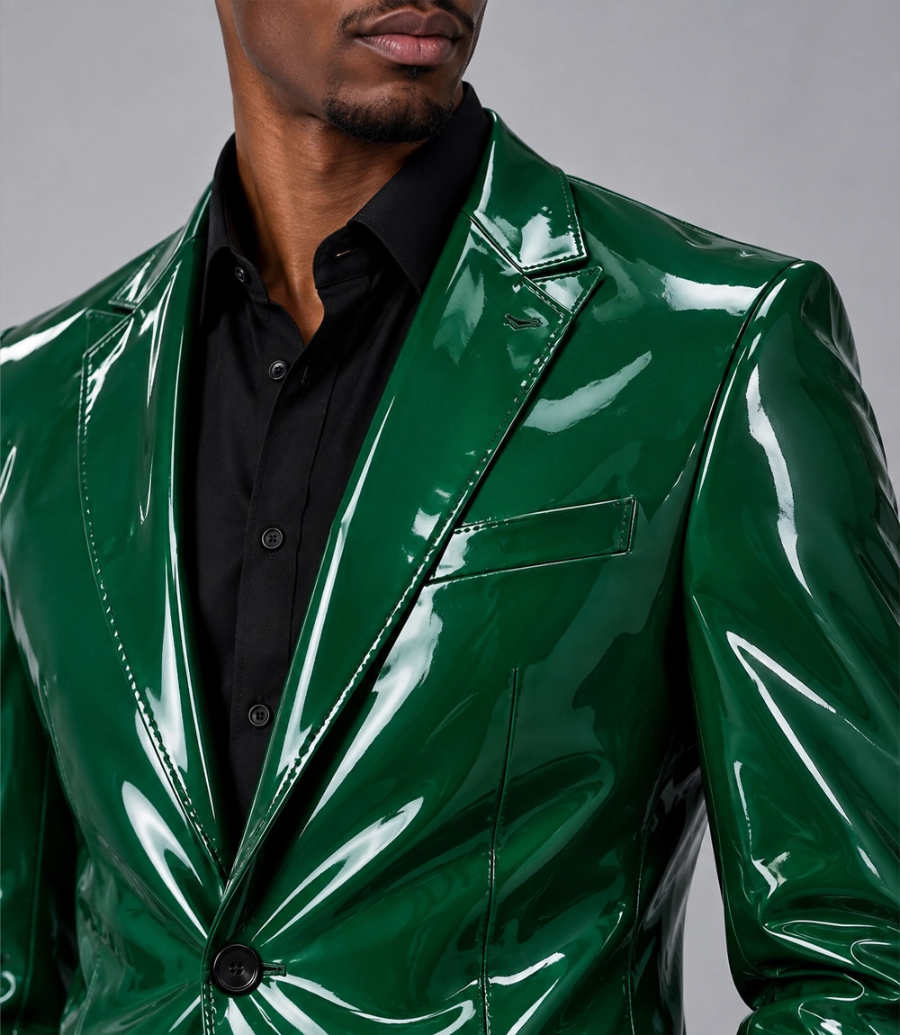 Men's Emerald Green PU Leather Suit Closeup - Suit Heritage