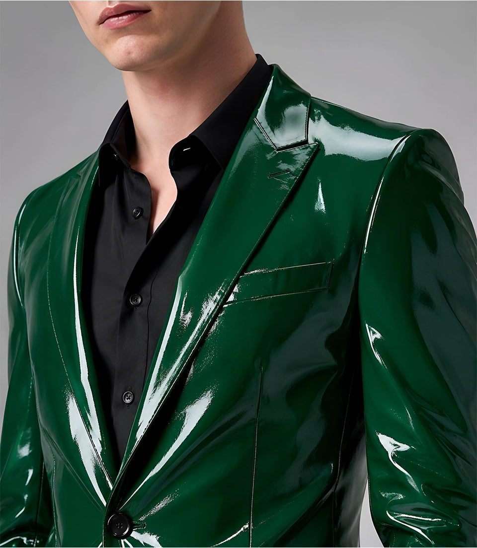 Men's Emerald Green PU Leather Suit Closeup - Suit Heritage