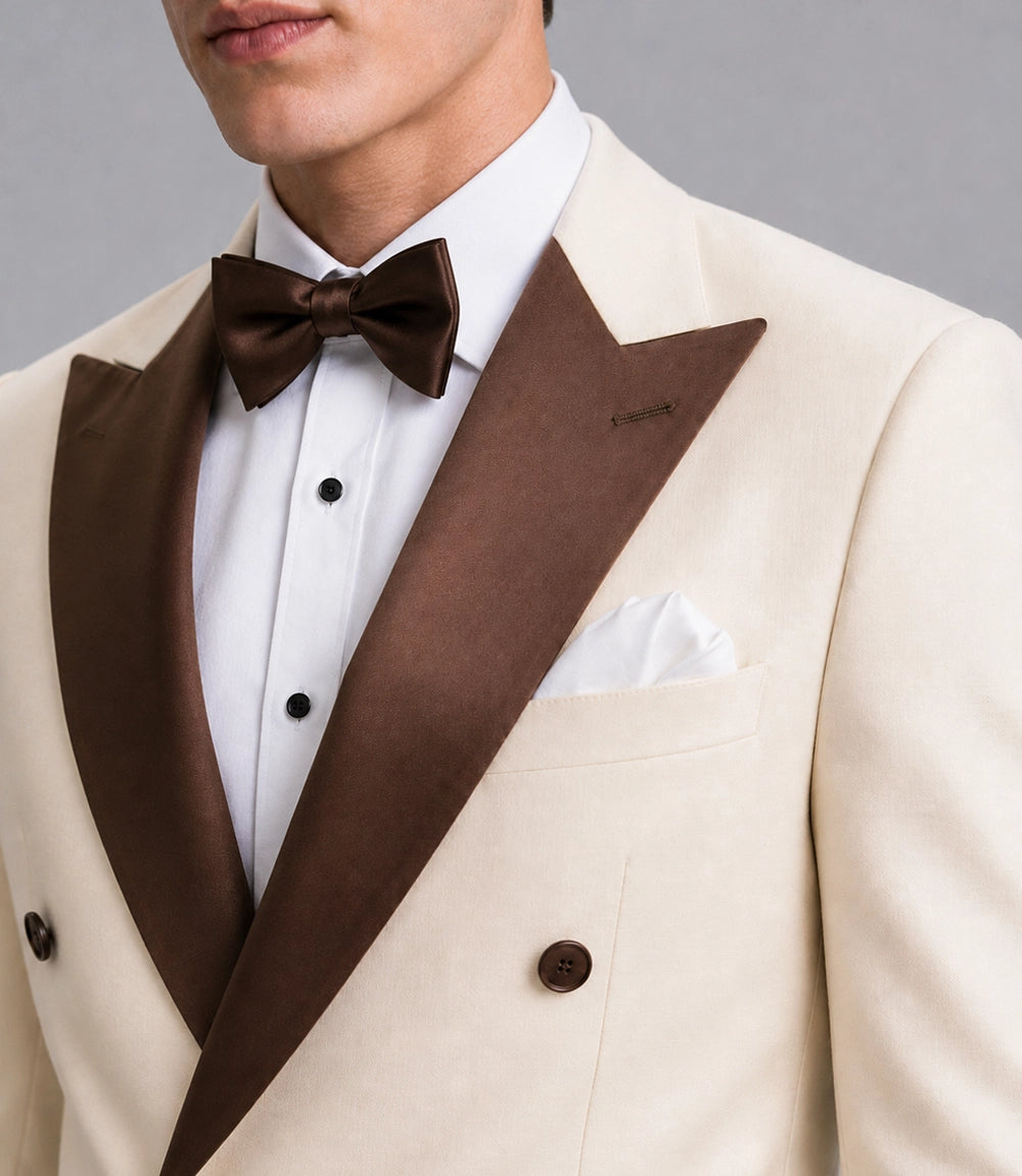 Men's Formal Beige Double Breasted Wedding Tuxedo Closeup - Suit Heritage