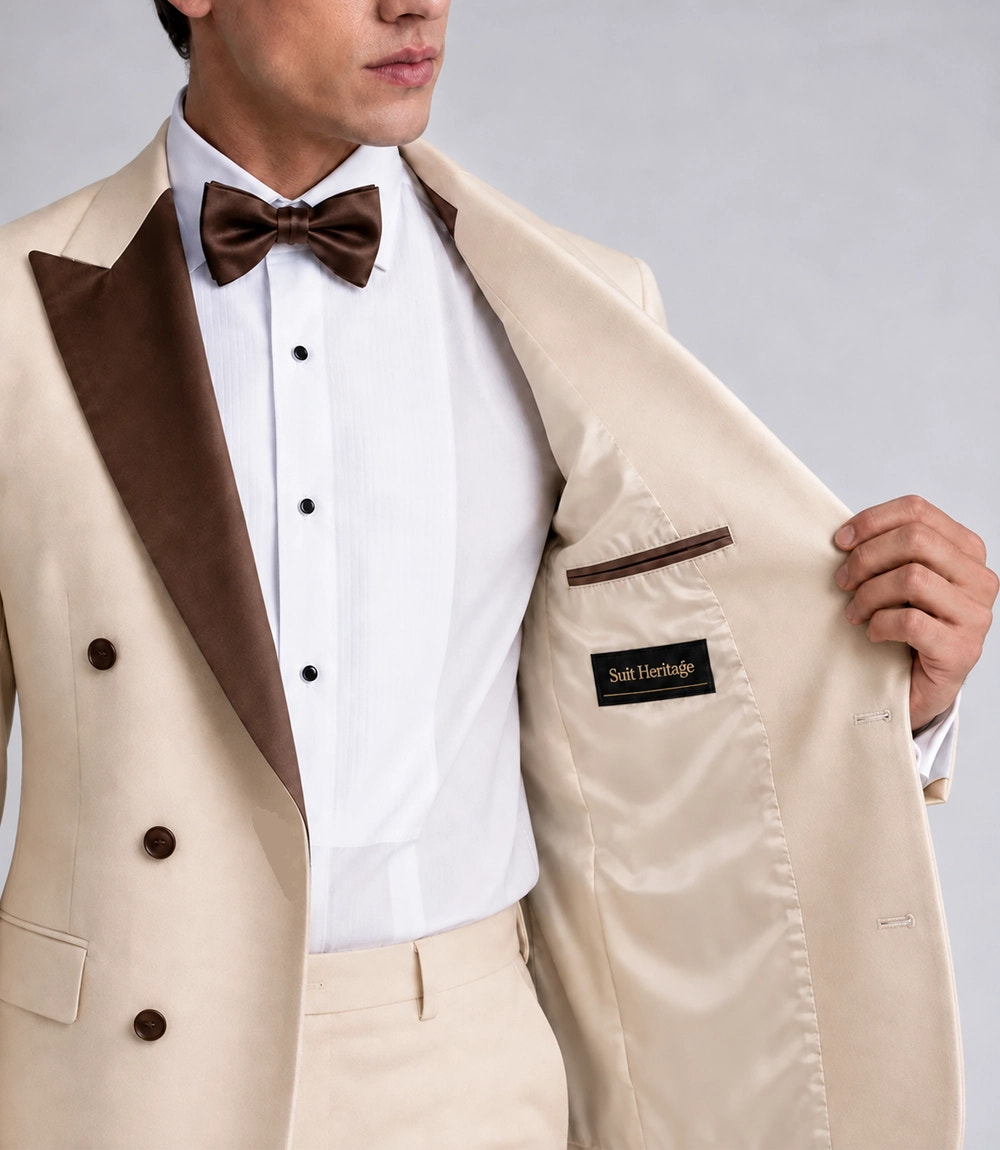 Men's Formal Beige Double Breasted Wedding Tuxedo Inner - Suit Heritage