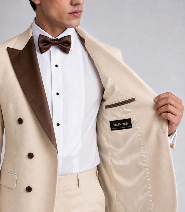 Men's Formal Beige Double Breasted Wedding Tuxedo Inner - Suit Heritage