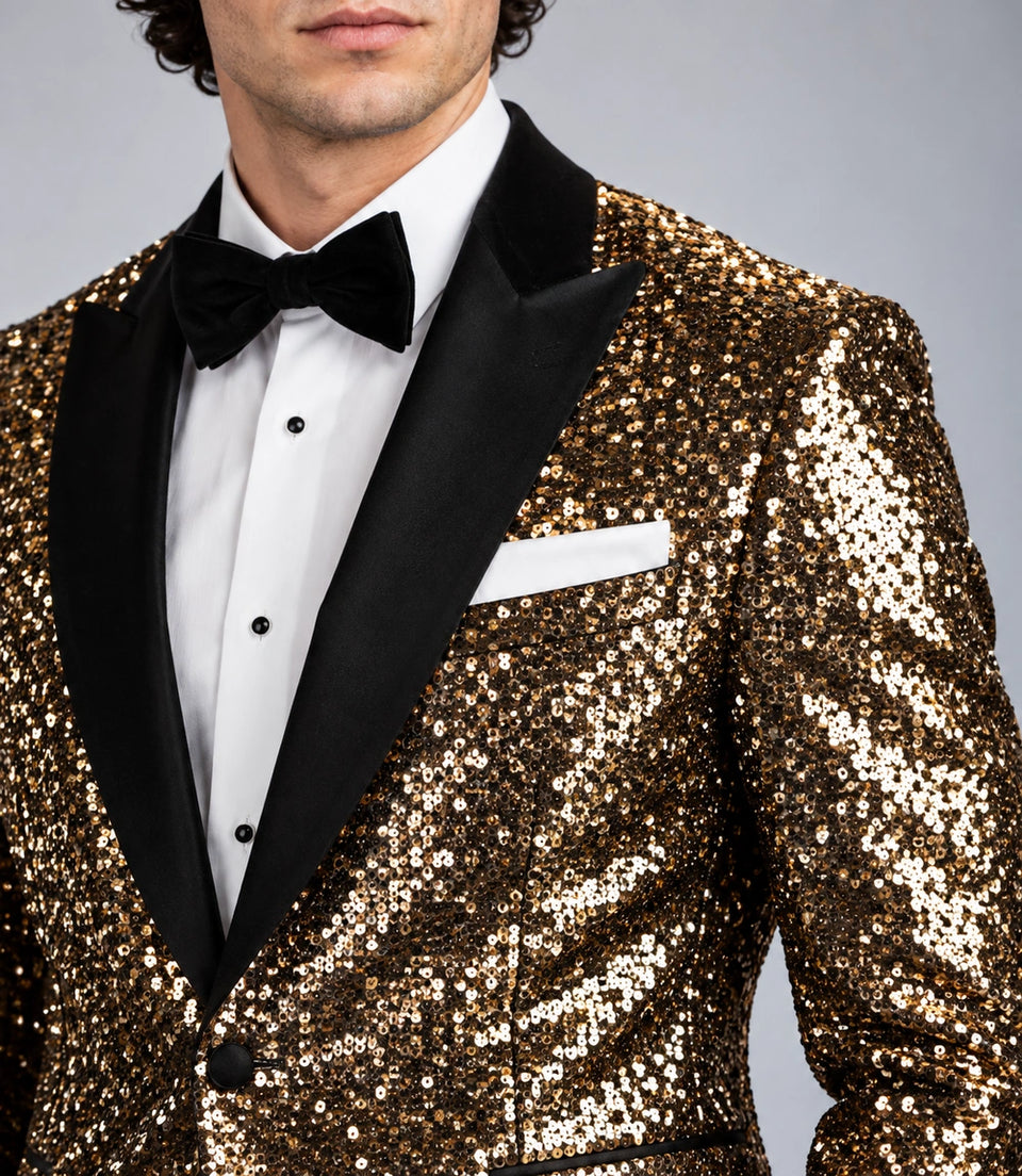 Men’s Gold Sequin Tuxedo Closeup -  Suit Heritage