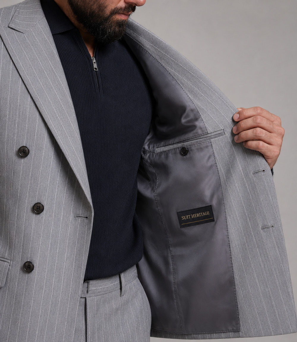 Men's Gray Pinstripe Double Breasted 2 Piece Suit Inner - Suit Heritage