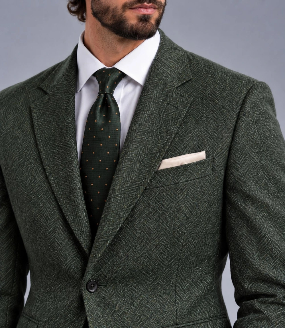Men's Green Herringbone Tweed Suit Closeup -  Suit Heritage