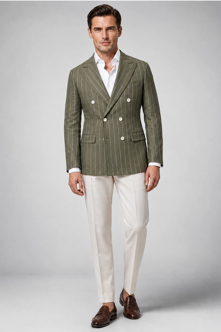 Men's Green and Beige Double Breasted Pinstripe Suit - Suit Heritage