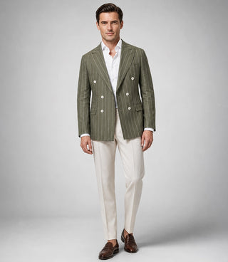 Men's Green and Beige Double Breasted Pinstripe Suit - Suit Heritage