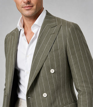 Men's Green and Beige Double Breasted Pinstripe Suit Closeup - Suit Heritage