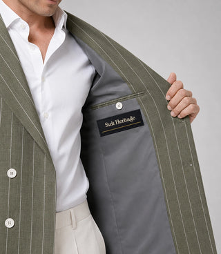 Men's Green and Beige Double Breasted Pinstripe Suit Inner - Suit Heritage