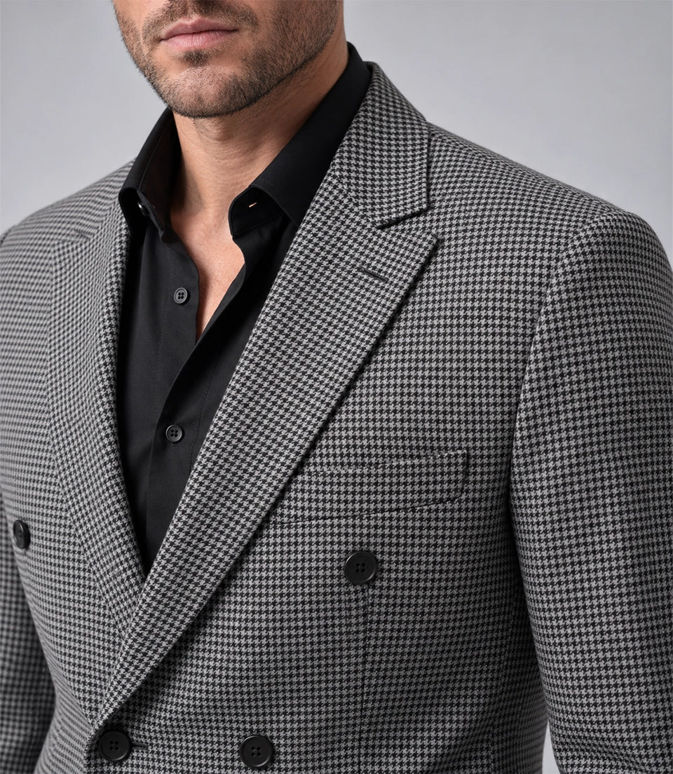 Men's Grey Houndstooth Cotton 2 Piece Suit Closeup - Suit Heritage