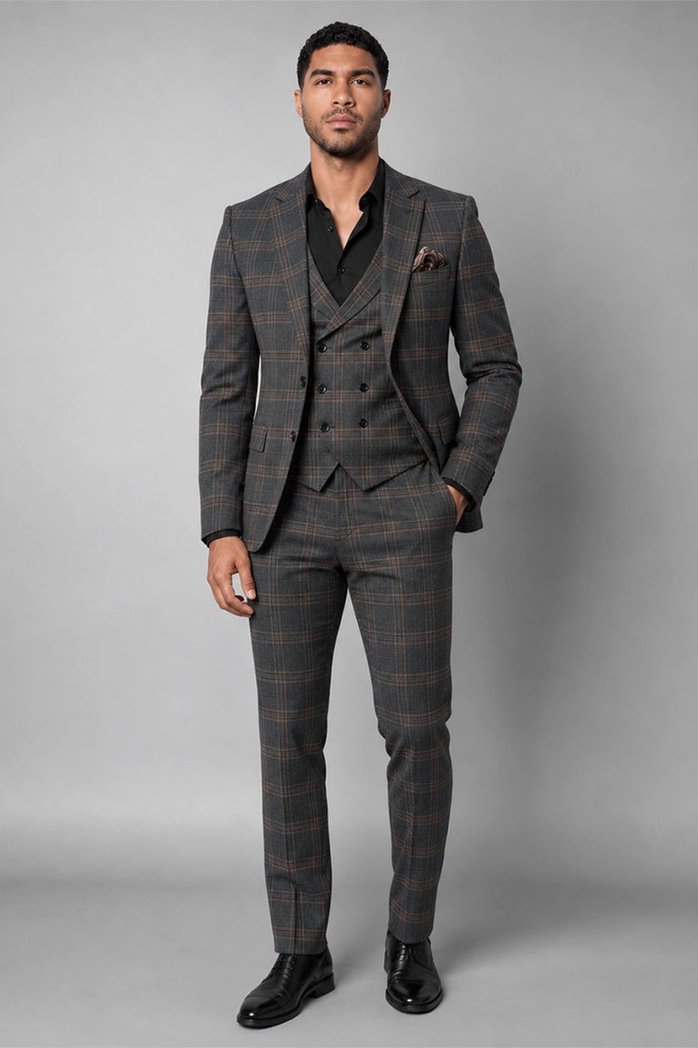 Men's Grey Plaid Wool Blend 3 Piece Suit - Suit Heritage