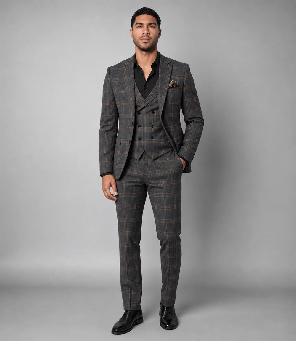 Men's Grey Plaid Wool Blend 3 Piece Suit - Suit Heritage