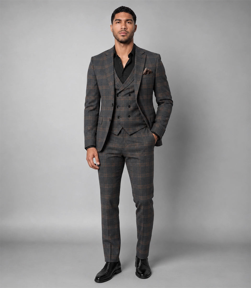 Men's Grey Plaid Wool Blend 3 Piece Suit - Suit Heritage