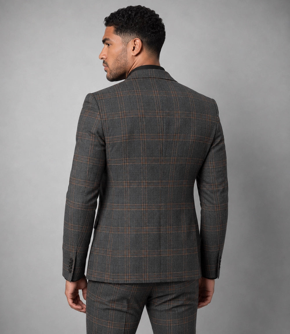Men's Grey Plaid Wool Blend 3 Piece Suit Back - Suit Heritage