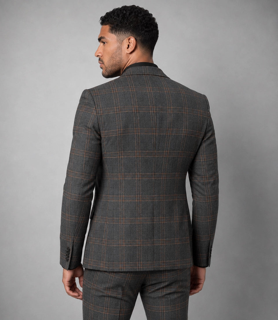 Men's Grey Plaid Wool Blend 3 Piece Suit Back - Suit Heritage