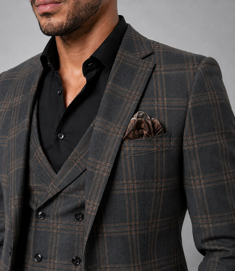 Men's Grey Plaid Wool Blend 3 Piece Suit Closeup - Suit Heritage