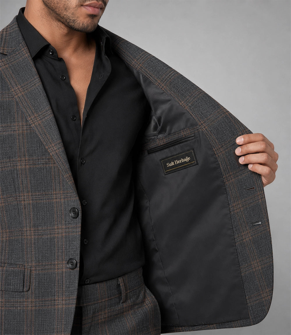 Men's Grey Plaid Wool Blend 3 Piece Suit Inner - Suit Heritage