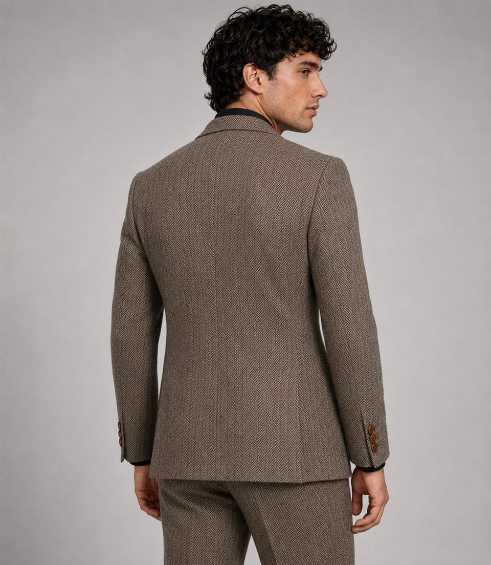 Men's Herringbone Wool Brown 2 Piece Back - Suit Heritage