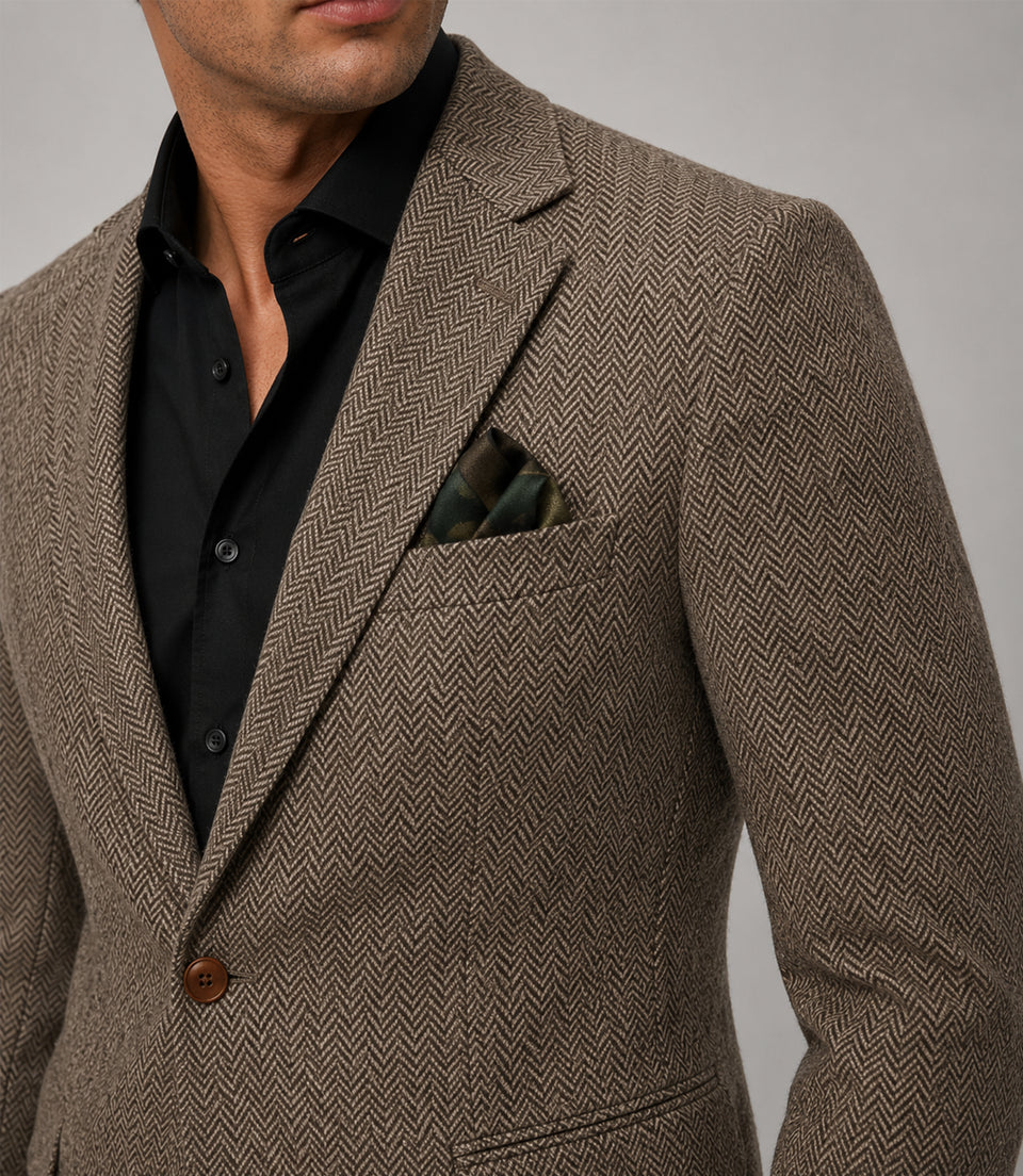 Men's Herringbone Wool Brown 2 Piece Closeup - Suit Heritage
