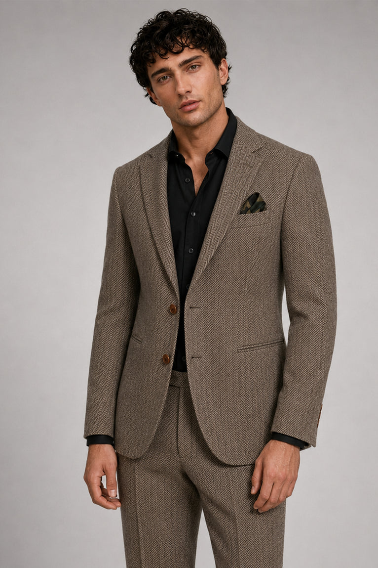 Men's Herringbone Wool Brown 2 Piece Front - Suit Heritage