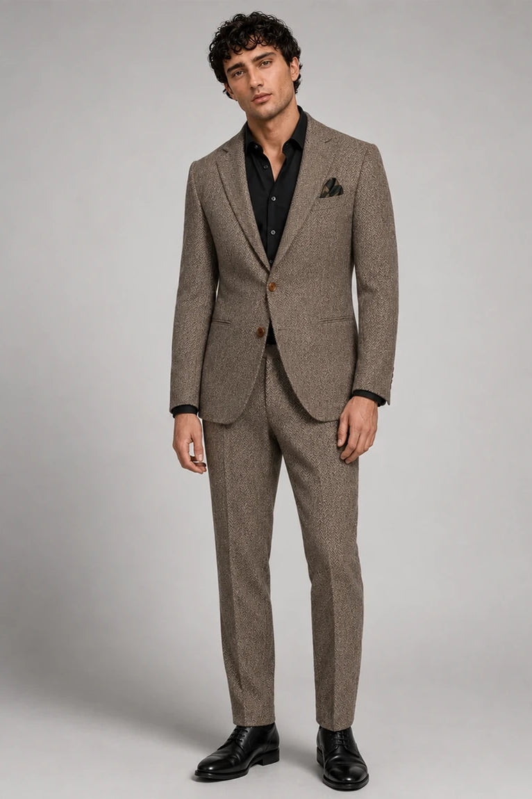 Men's Herringbone Wool Brown 2 Piece Suit - Suit Heritage